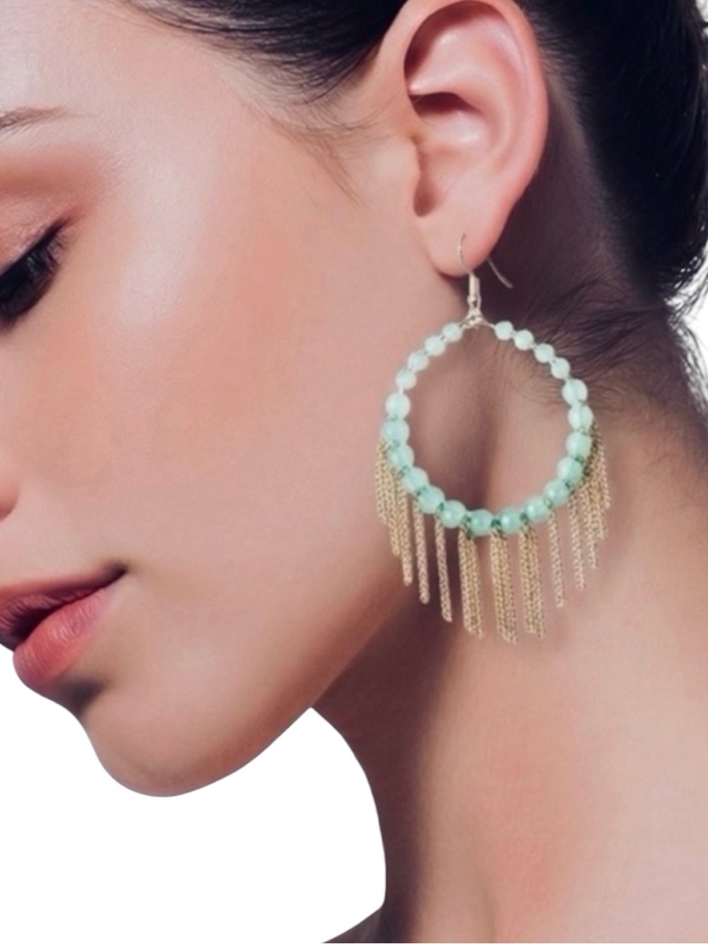 Plunder Gold Fringe Hoop Earrings with Aqua Beads